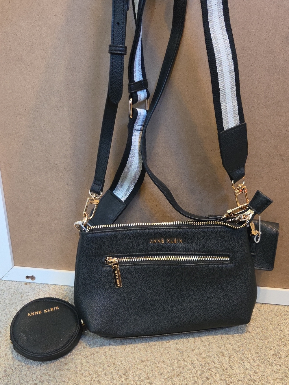 Anne Klein Black Crossbody Bag with Striped Detachable Strap
